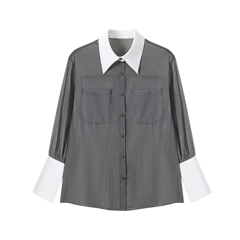 2024 Spring Korea Style Long Sleeve Sheer Women Shirt Office Lady Loose Button Up Patchwork Woman Blouse Work Female Tops