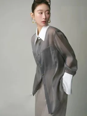 2024 Spring Korea Style Long Sleeve Sheer Women Shirt Office Lady Loose Button Up Patchwork Woman Blouse Work Female Tops