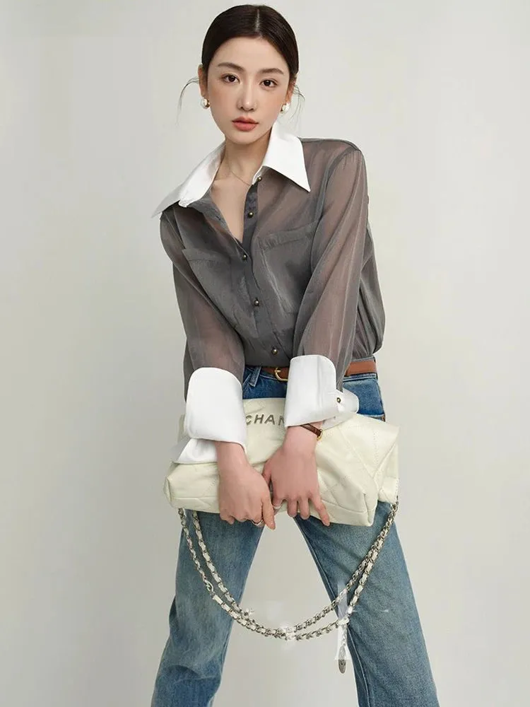 2024 Spring Korea Style Long Sleeve Sheer Women Shirt Office Lady Loose Button Up Patchwork Woman Blouse Work Female Tops