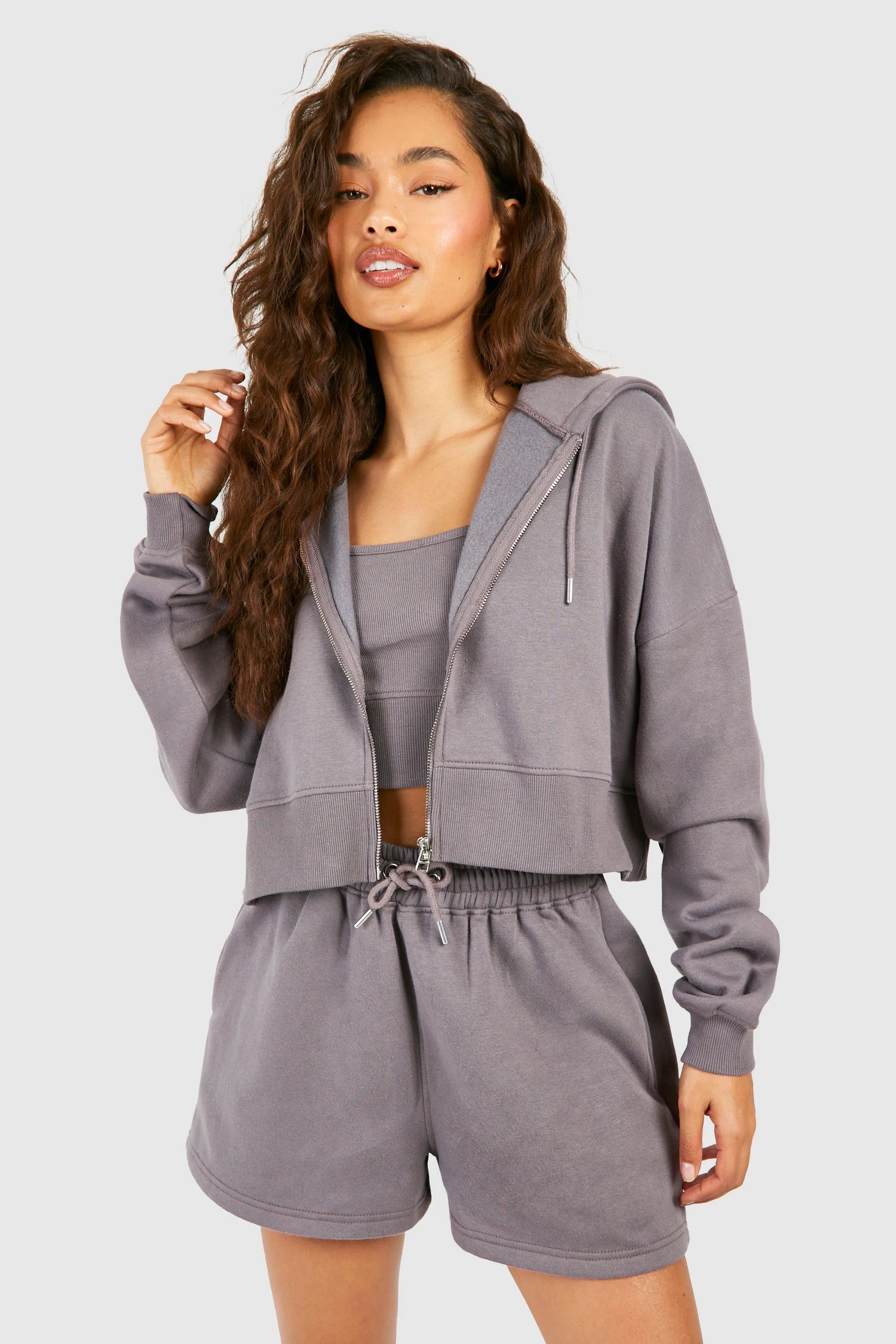 3 Piece Deep Hem Crop Zip Through Short Tracksuit