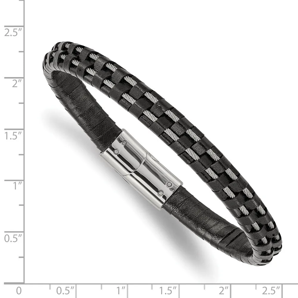 7.5mm Stainless Steel Cable & Black or Brown Leather Bracelet, 8.75 In