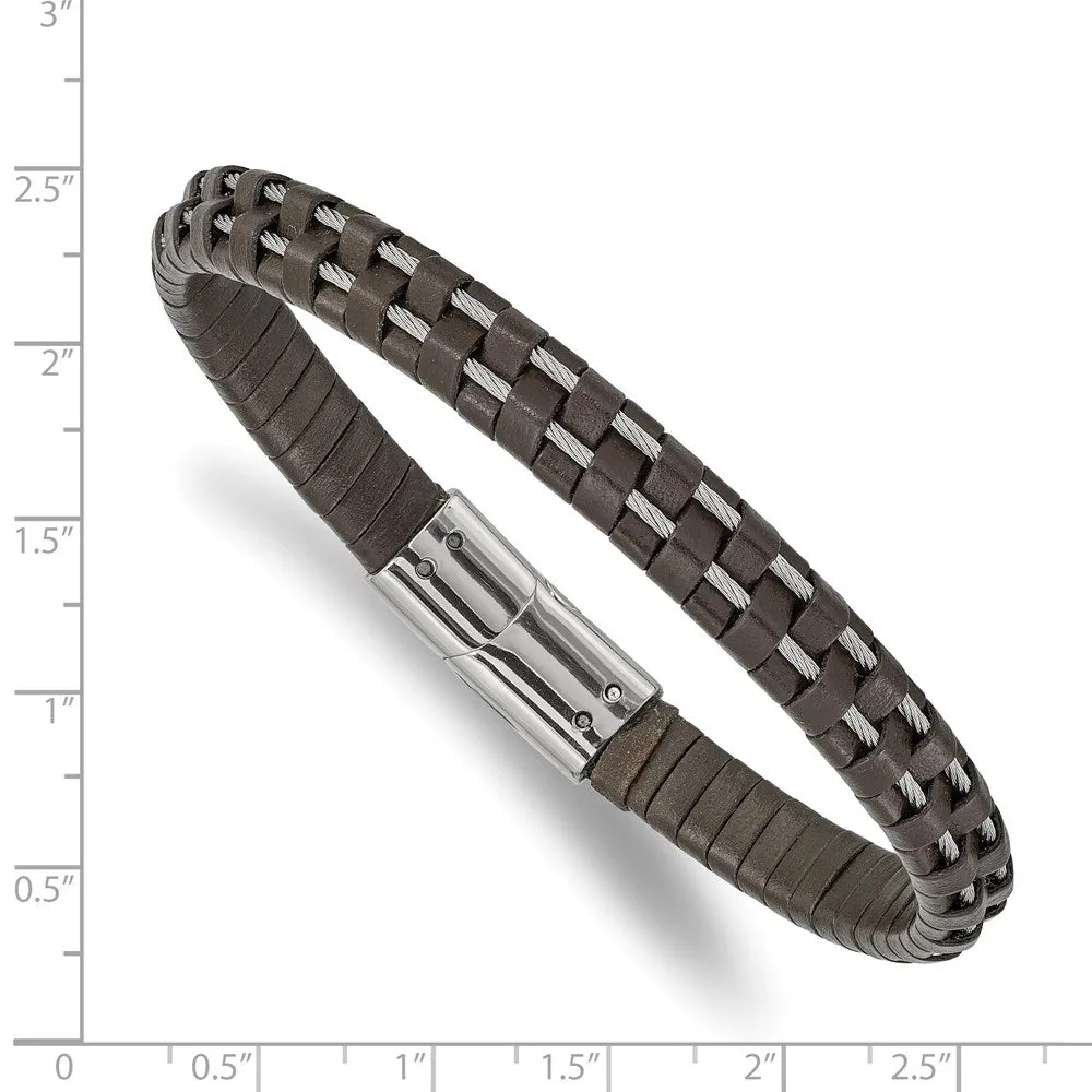 7.5mm Stainless Steel Cable & Black or Brown Leather Bracelet, 8.75 In