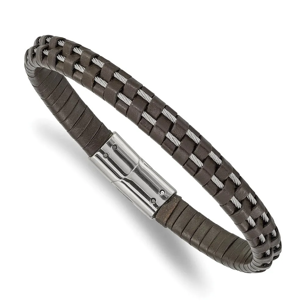 7.5mm Stainless Steel Cable & Black or Brown Leather Bracelet, 8.75 In