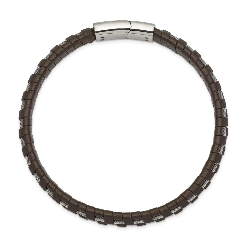 7.5mm Stainless Steel Cable & Black or Brown Leather Bracelet, 8.75 In