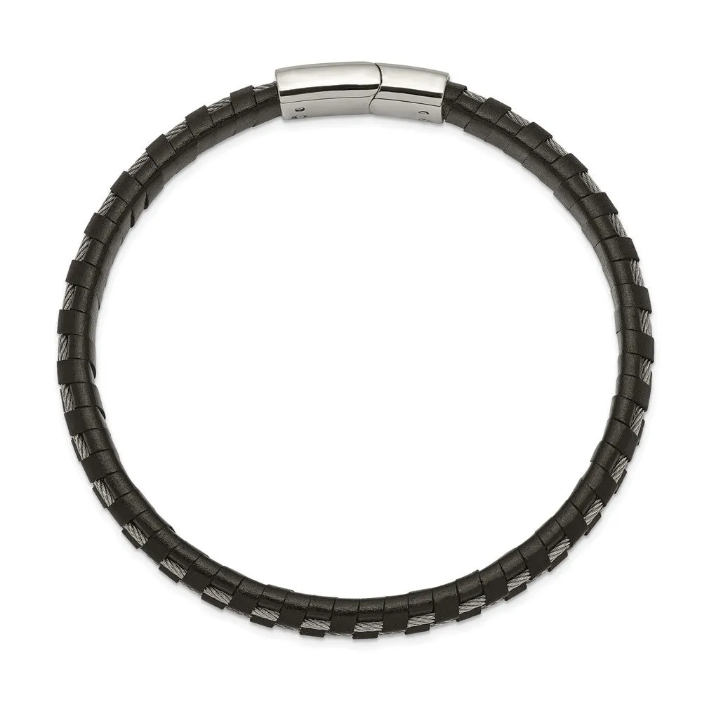 7.5mm Stainless Steel Cable & Black or Brown Leather Bracelet, 8.75 In