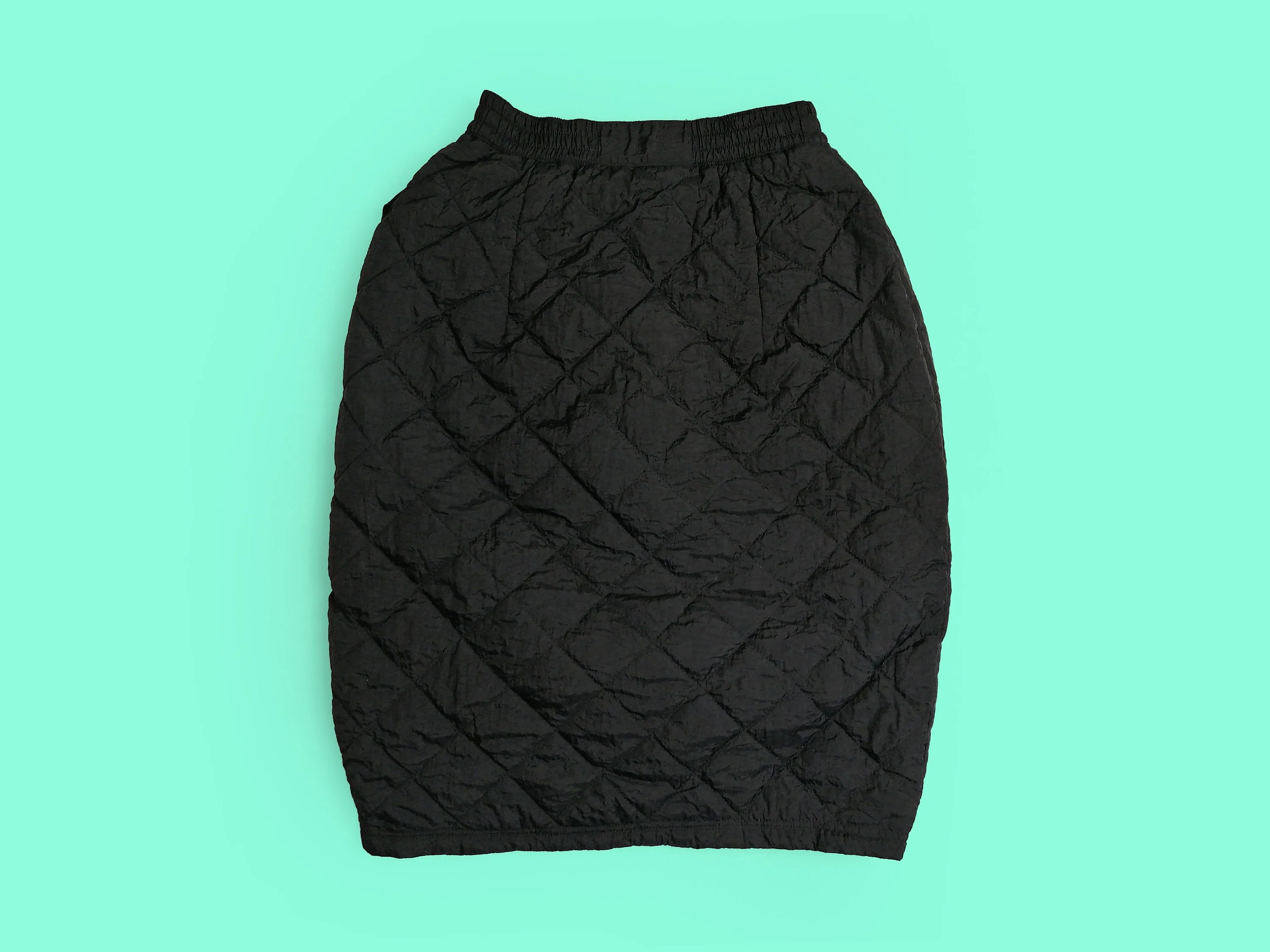 80's Quilted Skirt Nylon Padded High Waist in Black ~ size S-M