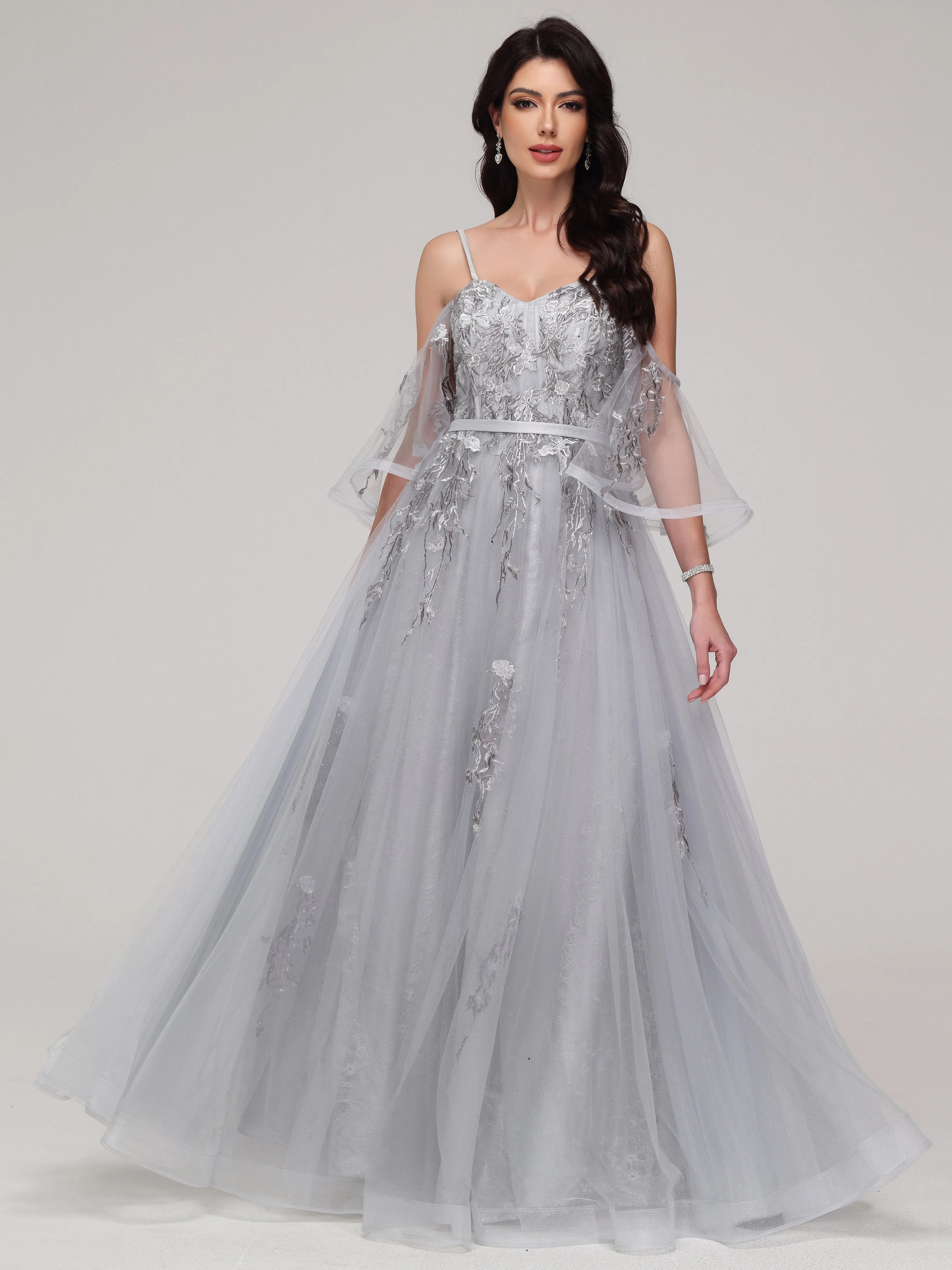 Accueil froid Trapèze Tulle Dentelle Robe de Soirée ARGENT