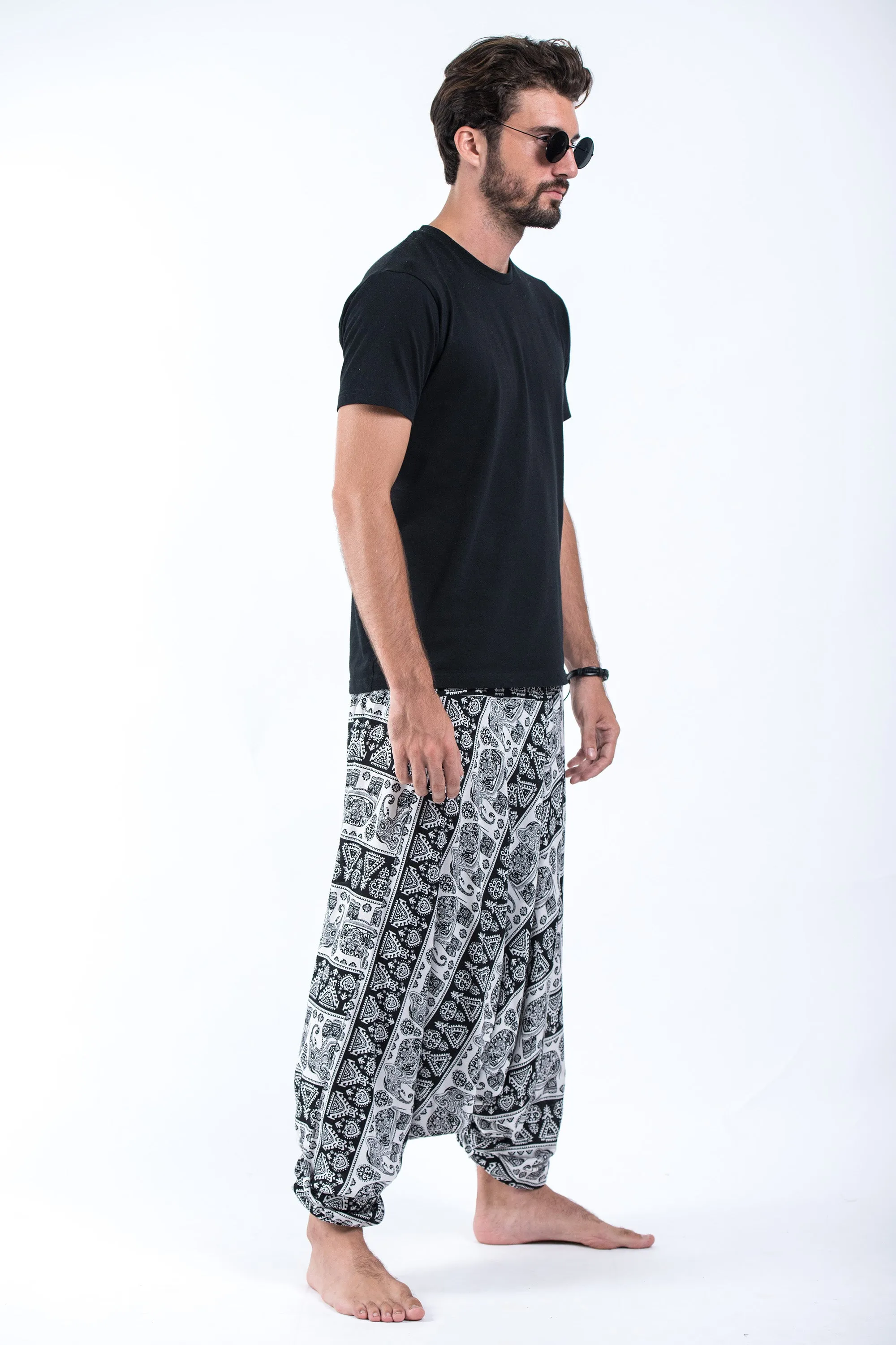 Aztec Elephant Drop Crotch Men's Elephant Pants in Black White