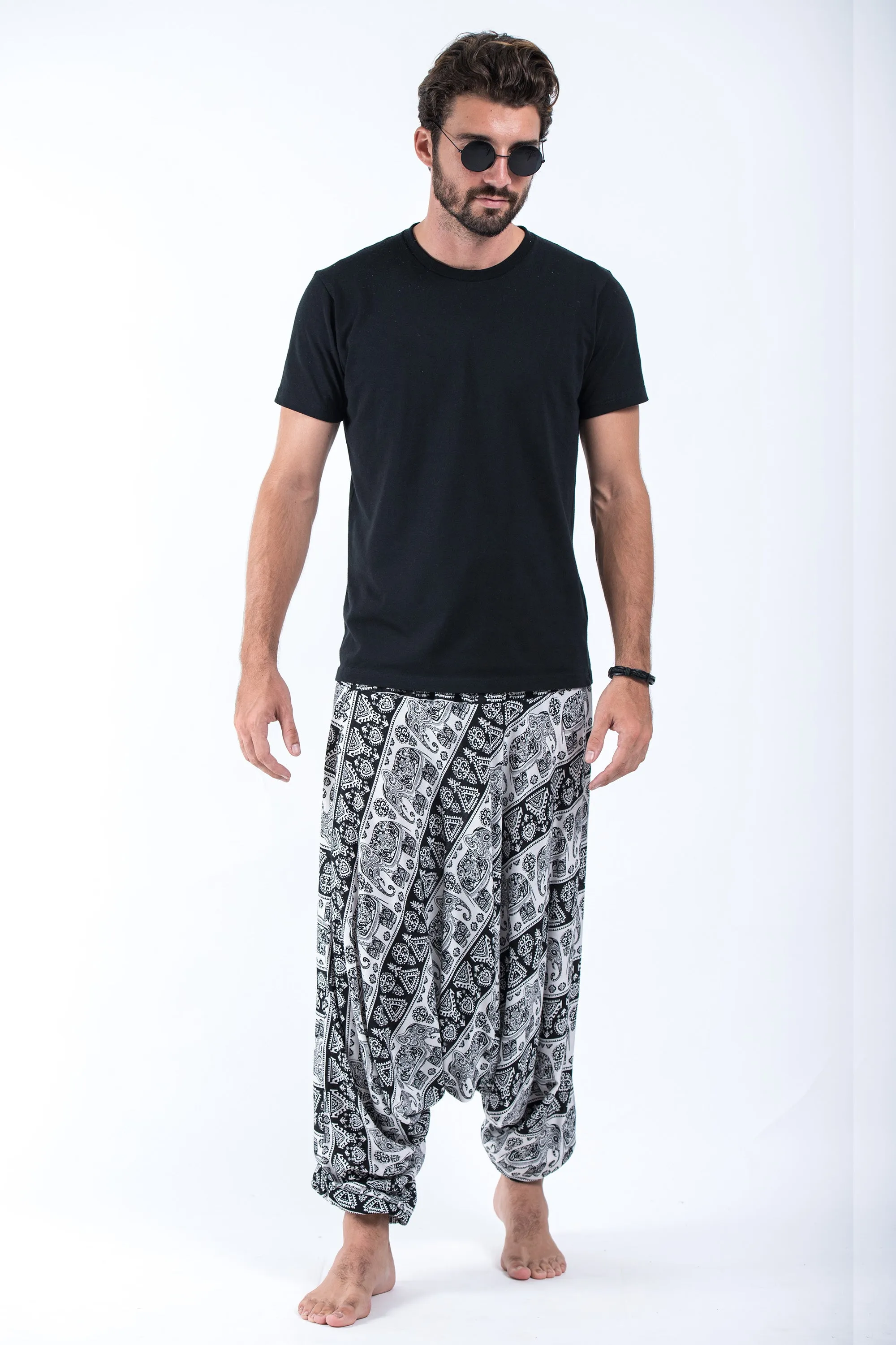 Aztec Elephant Drop Crotch Men's Elephant Pants in Black White