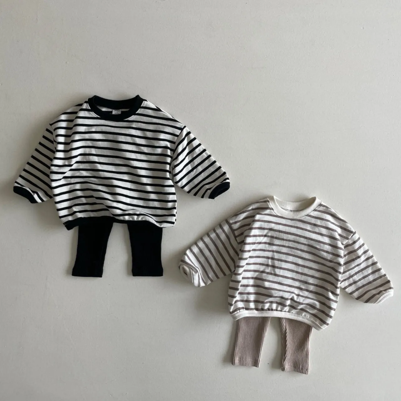 Baby Stripe Sweatshirt and Ribbed Leggings Set (6-24m)- Beige