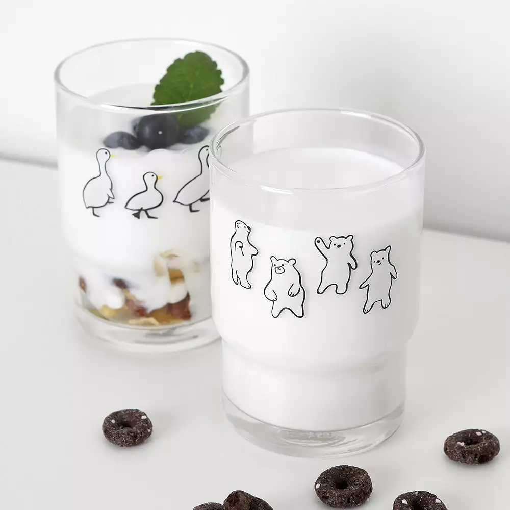 Bear Duck illustration Graphic Clear Glasses Cups Mugs Printed Vintage 245ml Gifts Kitchen Dinnerware Cold Hot Milk Coffee Micro