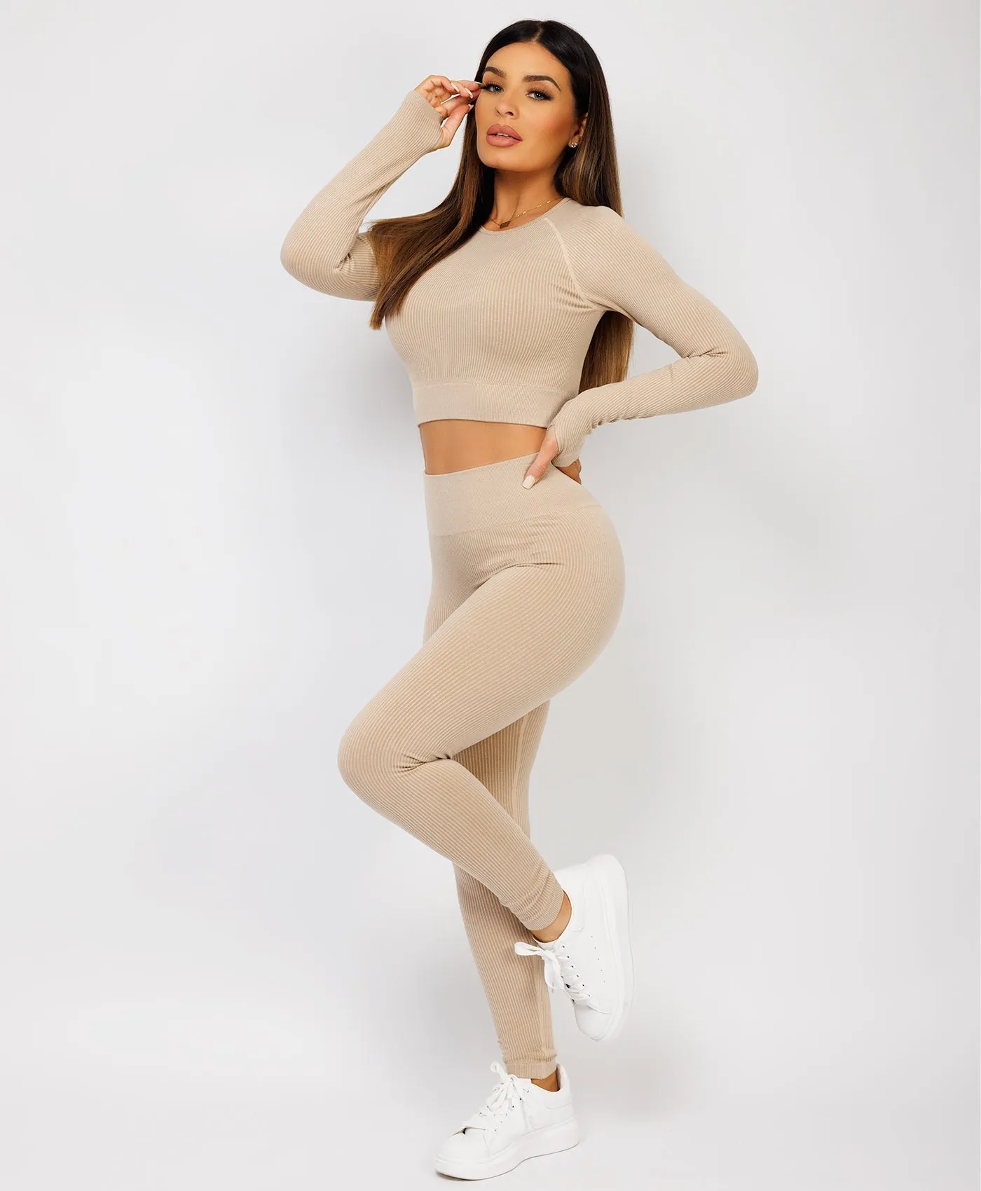 Beige Strechy Ribbed Cropped High Waist Tracksuit Set