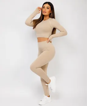 Beige Strechy Ribbed Cropped High Waist Tracksuit Set