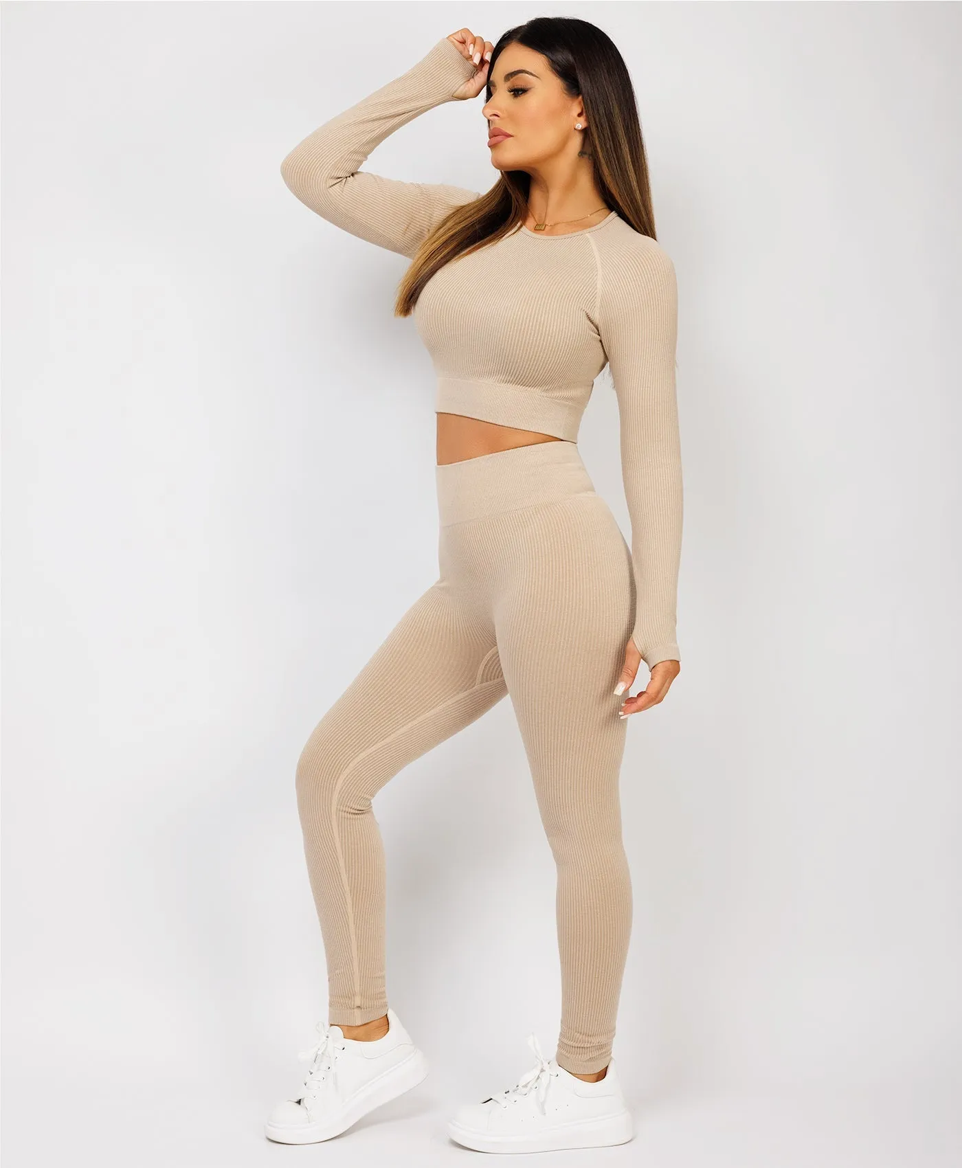 Beige Strechy Ribbed Cropped High Waist Tracksuit Set