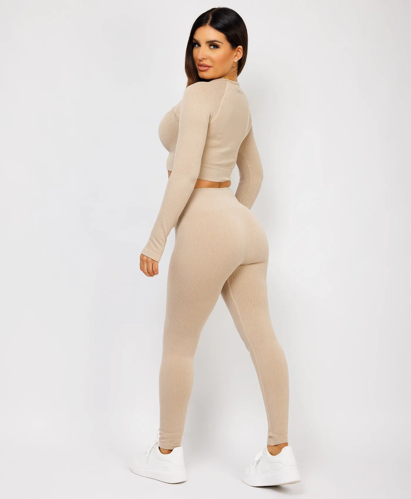 Beige Strechy Ribbed Cropped High Waist Tracksuit Set