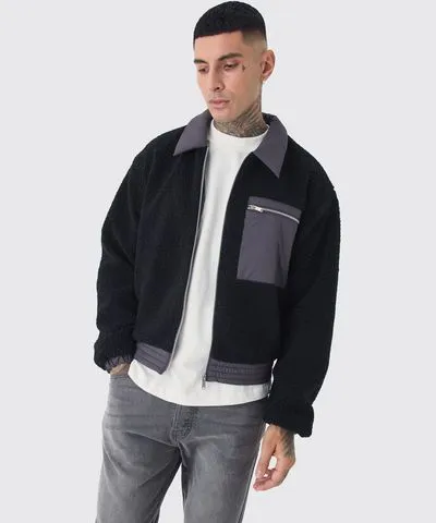 boohoo Mens Tall Boxy Borg And Nylon Collared Bomber Jacket