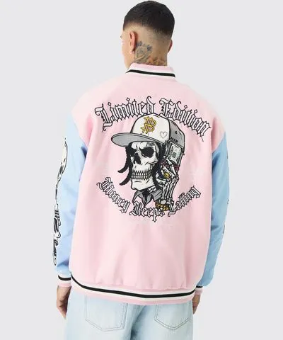 boohoo Mens Tall Limited Edition Skull Applique Pu Sleeve Bomber Jacket