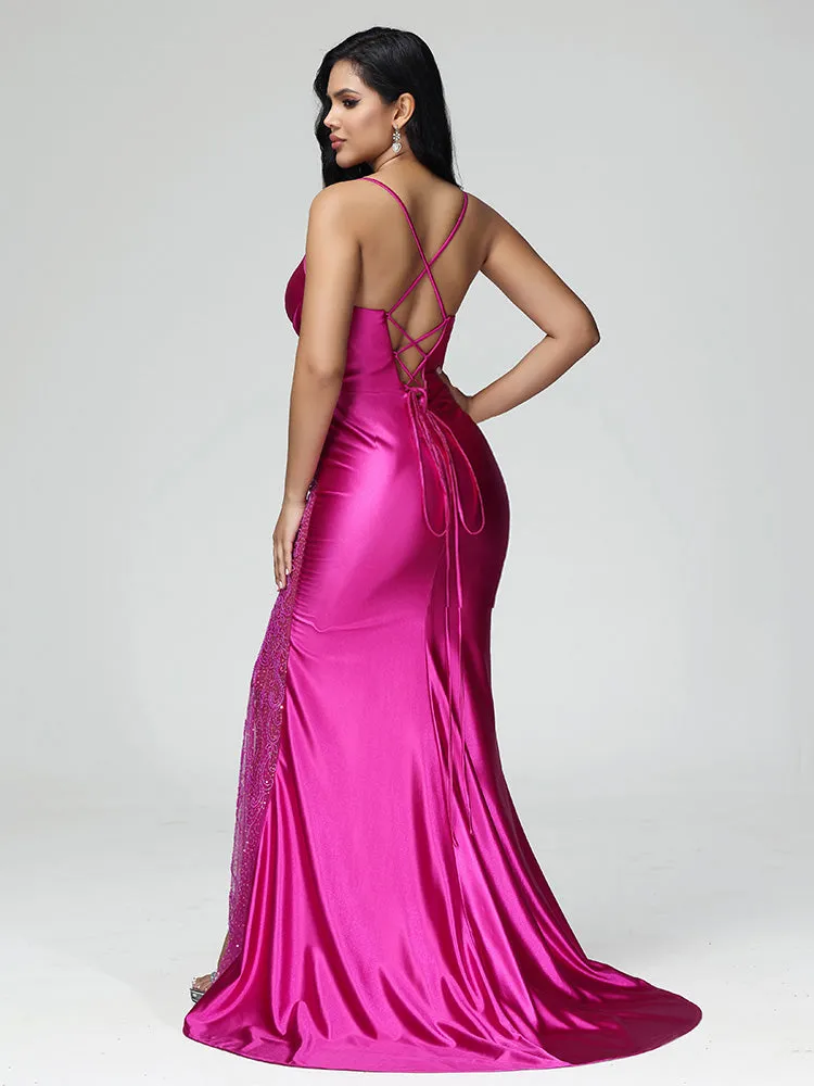 Cache Cœur Robe de soirée Satin Stretch Plissé avec Traîne de Balayage en FUCHSIA