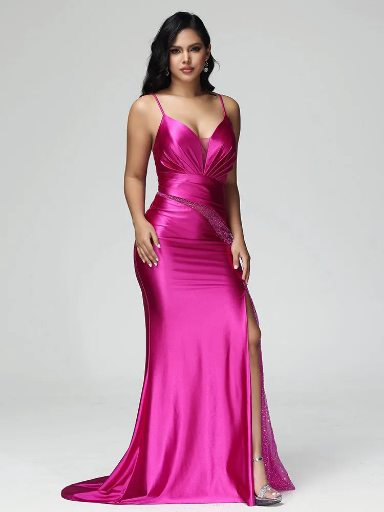 Cache Cœur Robe de soirée Satin Stretch Plissé avec Traîne de Balayage en FUCHSIA