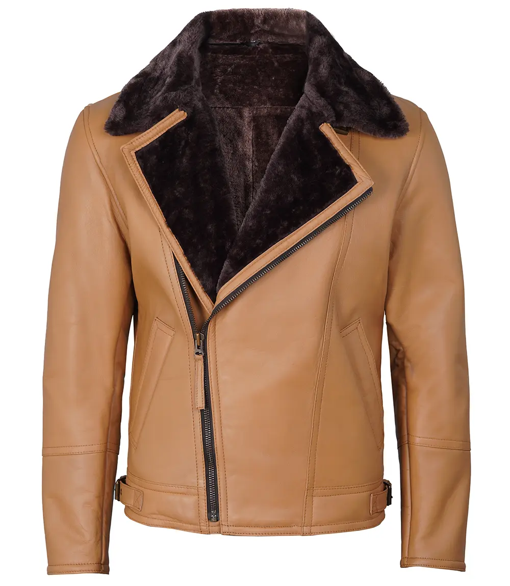 Camel Brown Asymmetrical Leather Shearling Jacket Men's