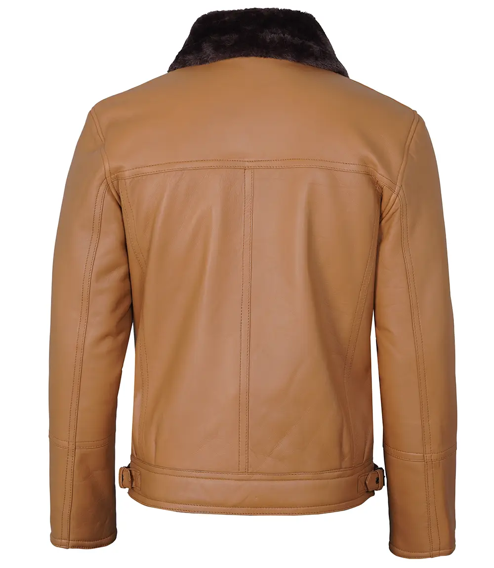 Camel Brown Asymmetrical Leather Shearling Jacket Men's