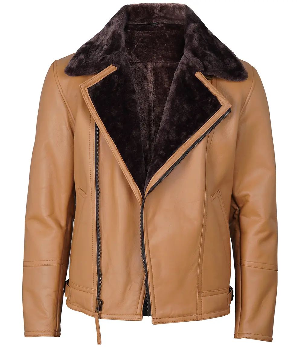 Camel Brown Asymmetrical Leather Shearling Jacket Men's