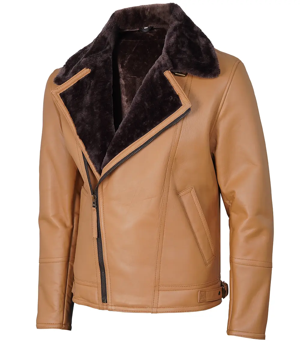 Camel Brown Asymmetrical Leather Shearling Jacket Men's