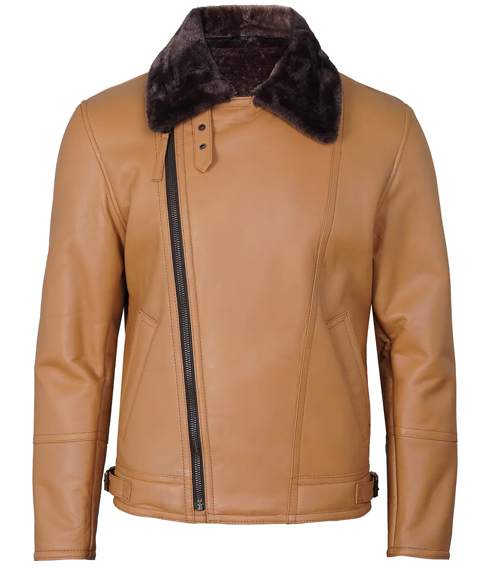 Camel Brown Asymmetrical Leather Shearling Jacket Men's