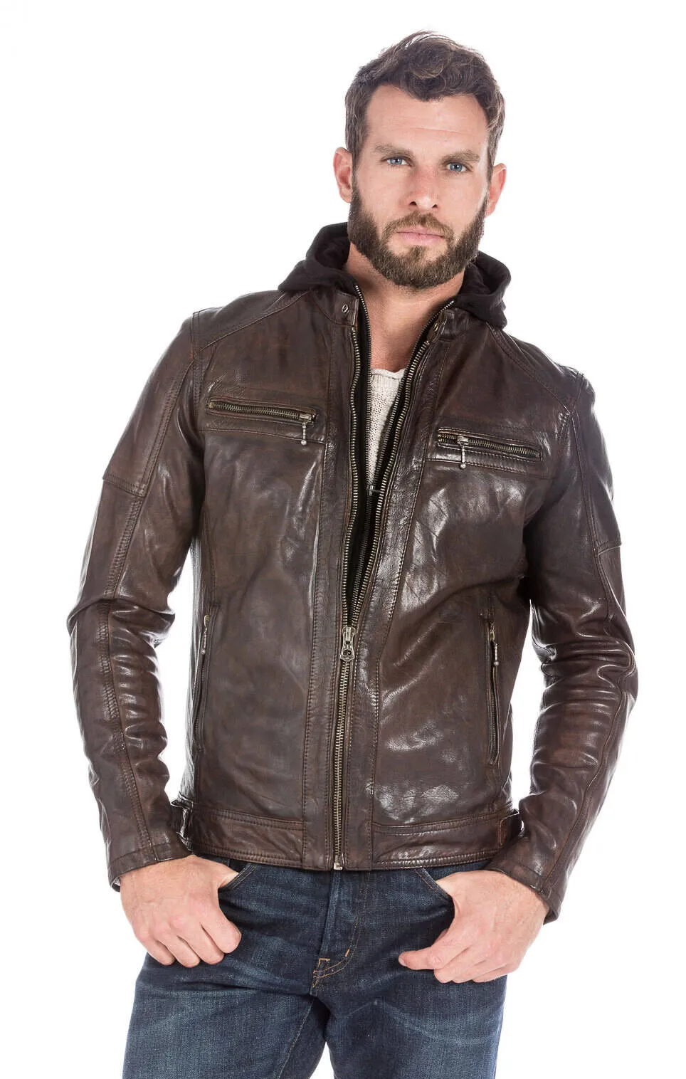 Dark cognac enzo men's hooded leather jacket