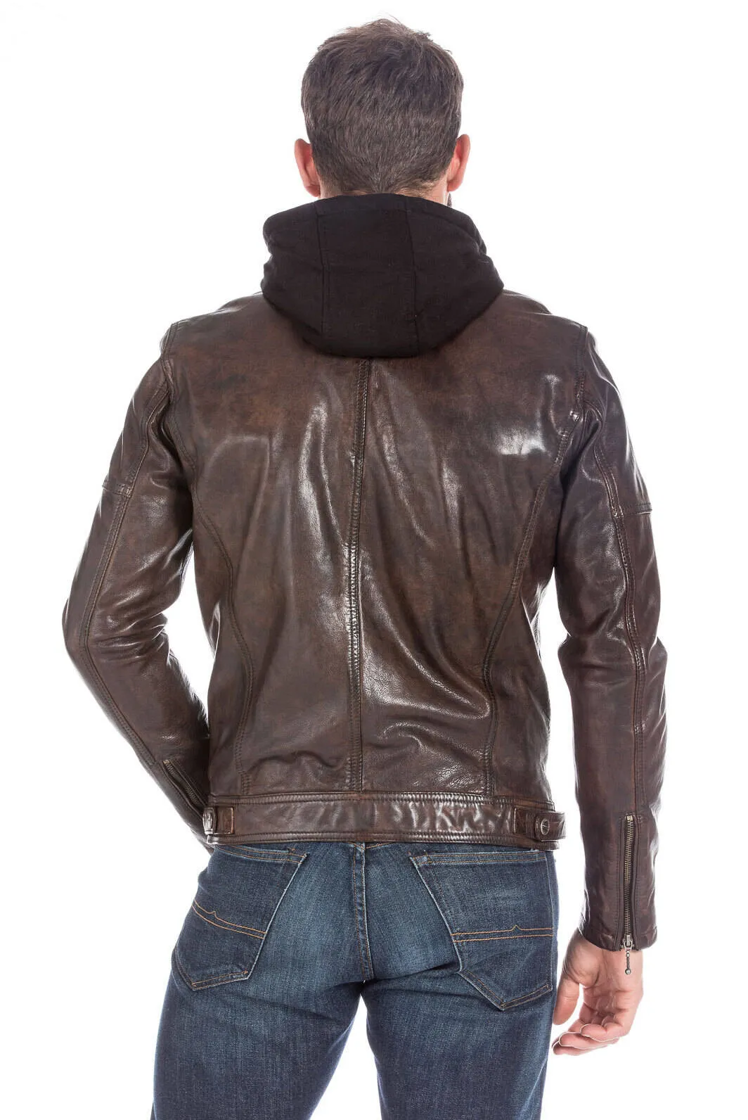 Dark cognac enzo men's hooded leather jacket