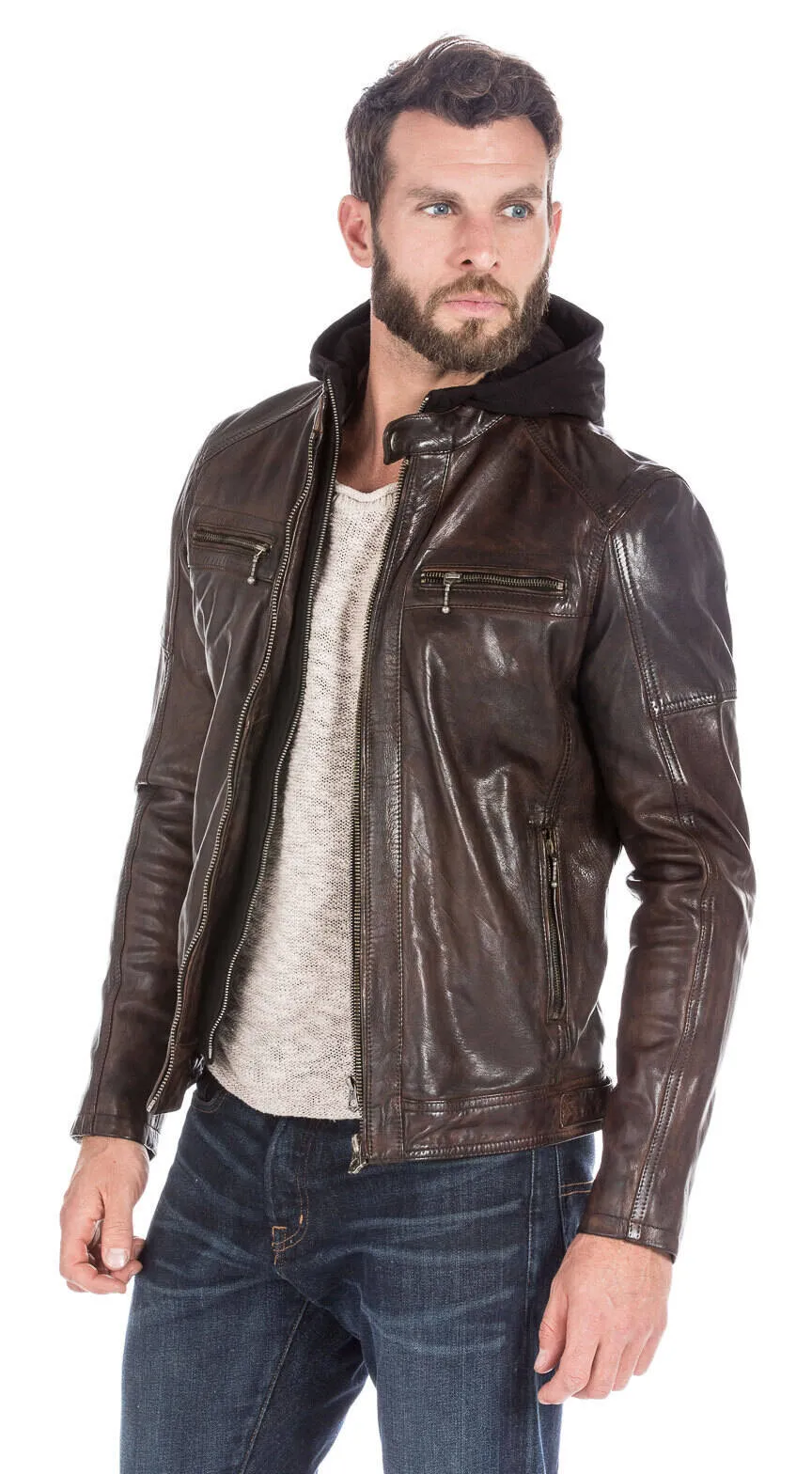 Dark cognac enzo men's hooded leather jacket