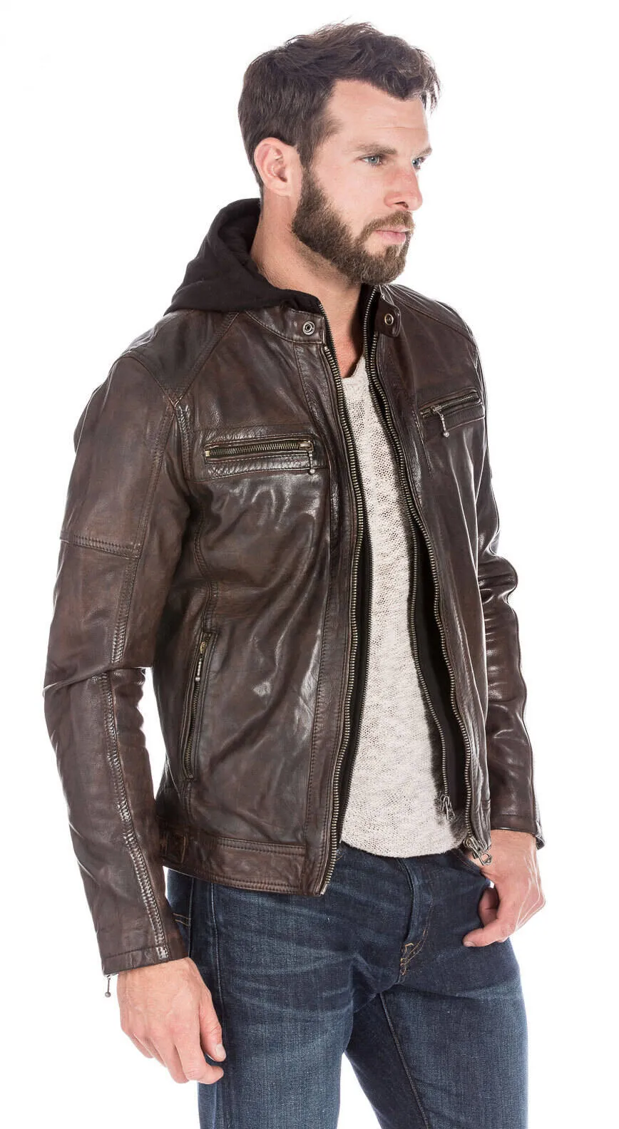 Dark cognac enzo men's hooded leather jacket