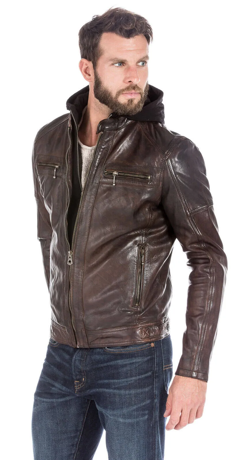 Dark cognac enzo men's hooded leather jacket