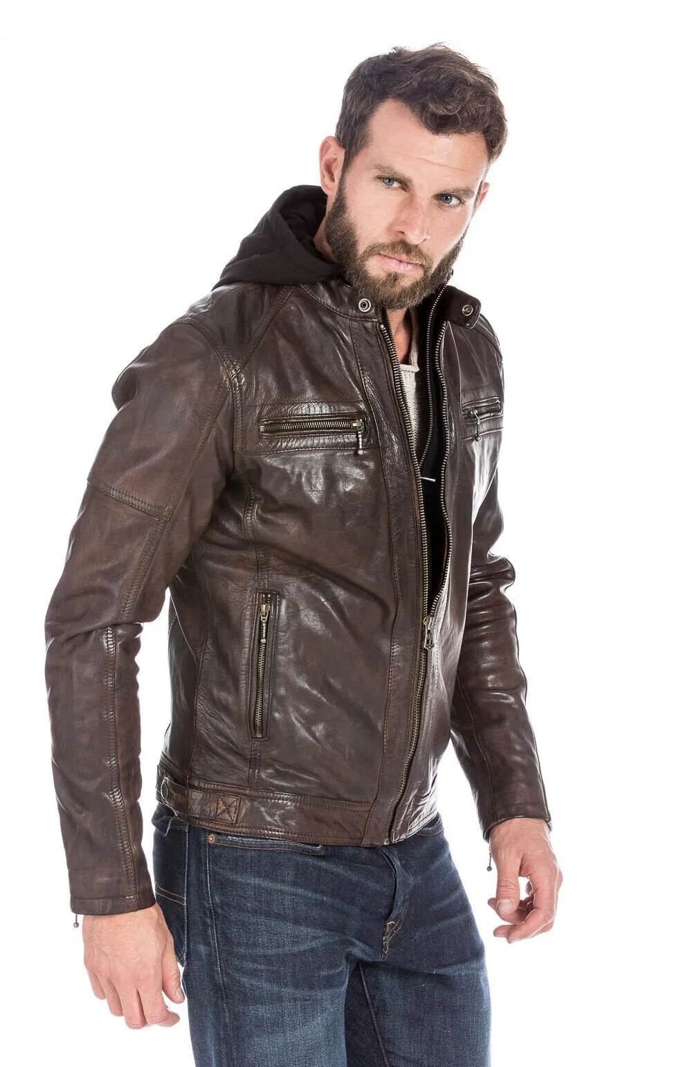 Dark cognac enzo men's hooded leather jacket