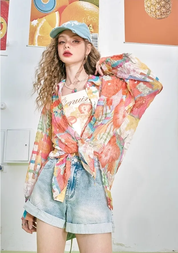 ELF SACK  |Flower Patterns Chiffon Tie-dye Long Sleeves