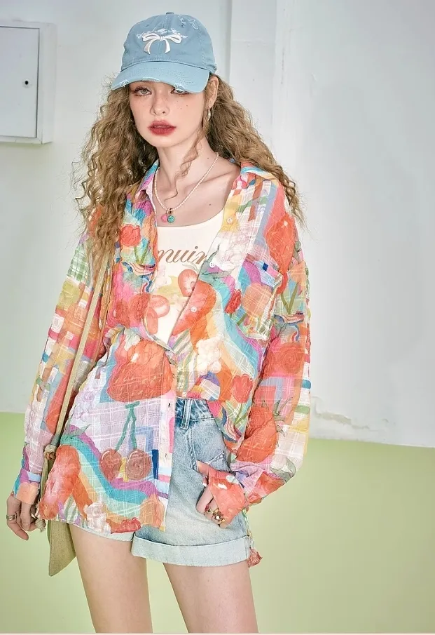 ELF SACK  |Flower Patterns Chiffon Tie-dye Long Sleeves