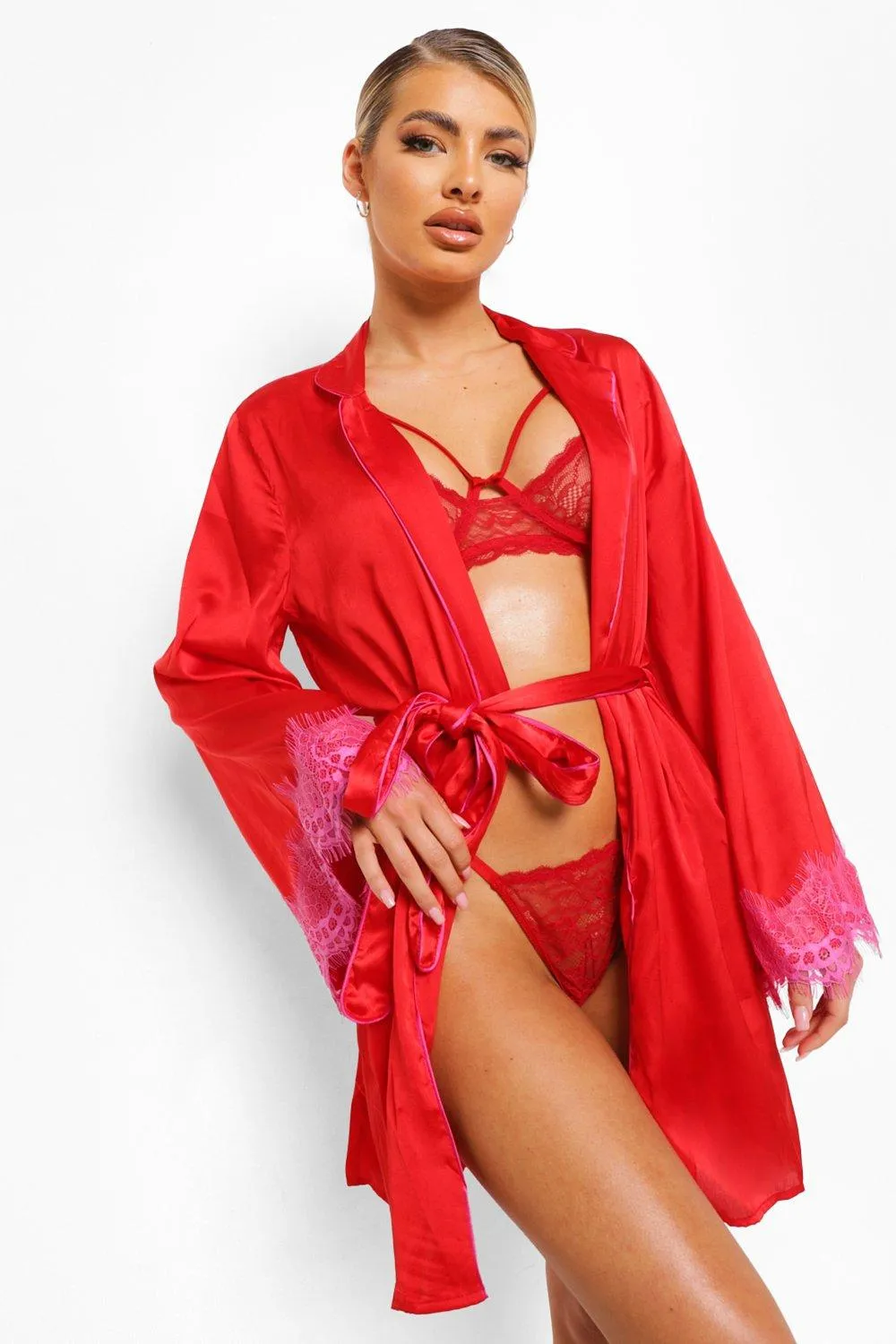 Eyelash Trim Contrast Kimono Robe