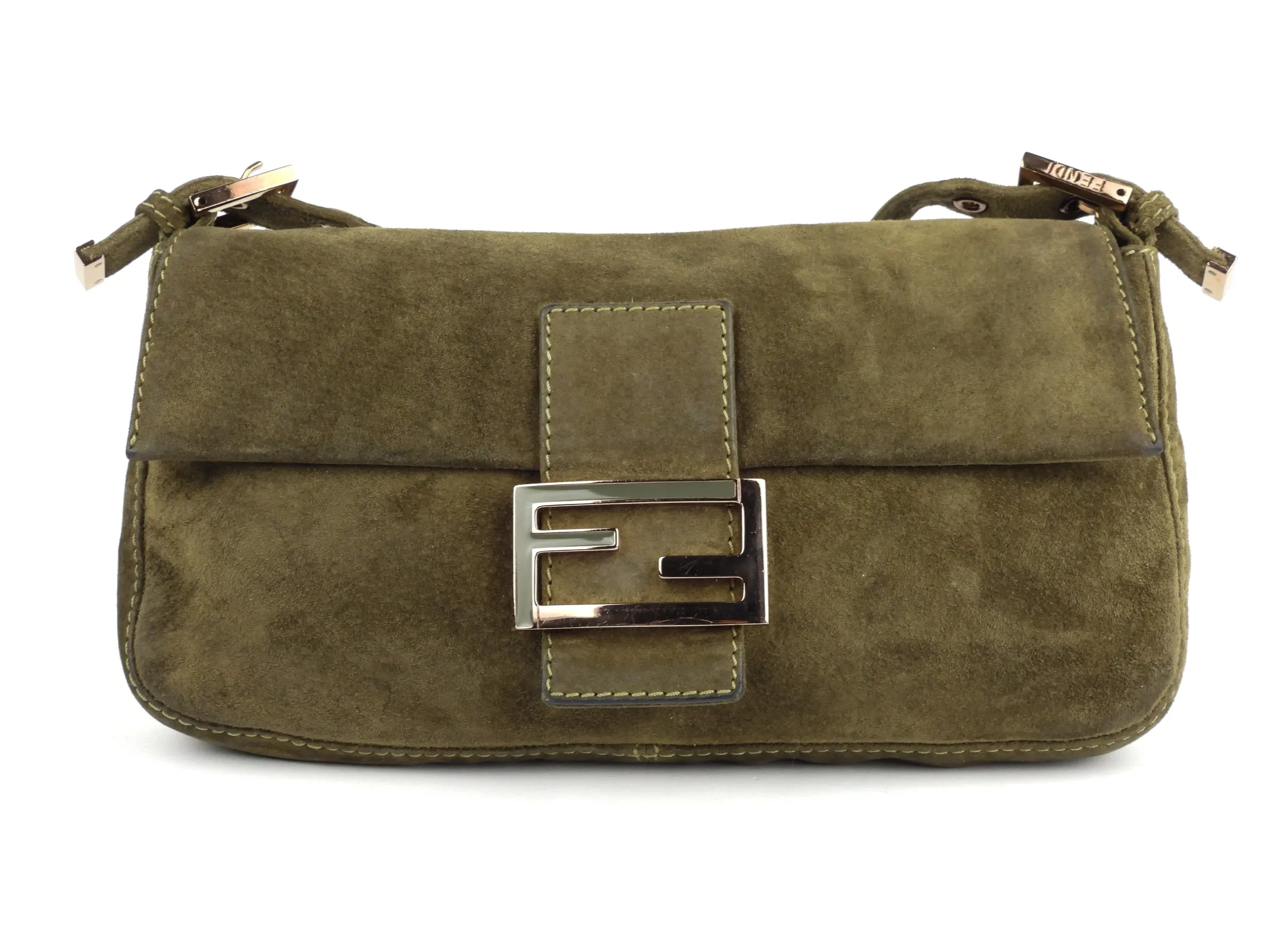 Fendi Khaki Green Suede Leather Baguette Shoulder Bag