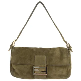 Fendi Khaki Green Suede Leather Baguette Shoulder Bag