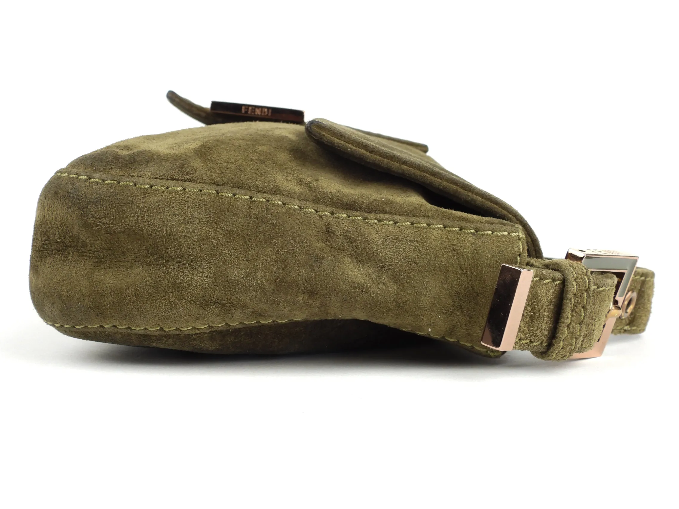 Fendi Khaki Green Suede Leather Baguette Shoulder Bag