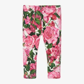 Girls Pink Cotton Floral Leggings