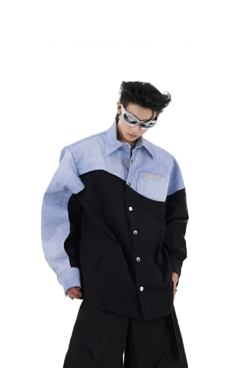 Irregular Stitched Jeans PU Leather Shirt