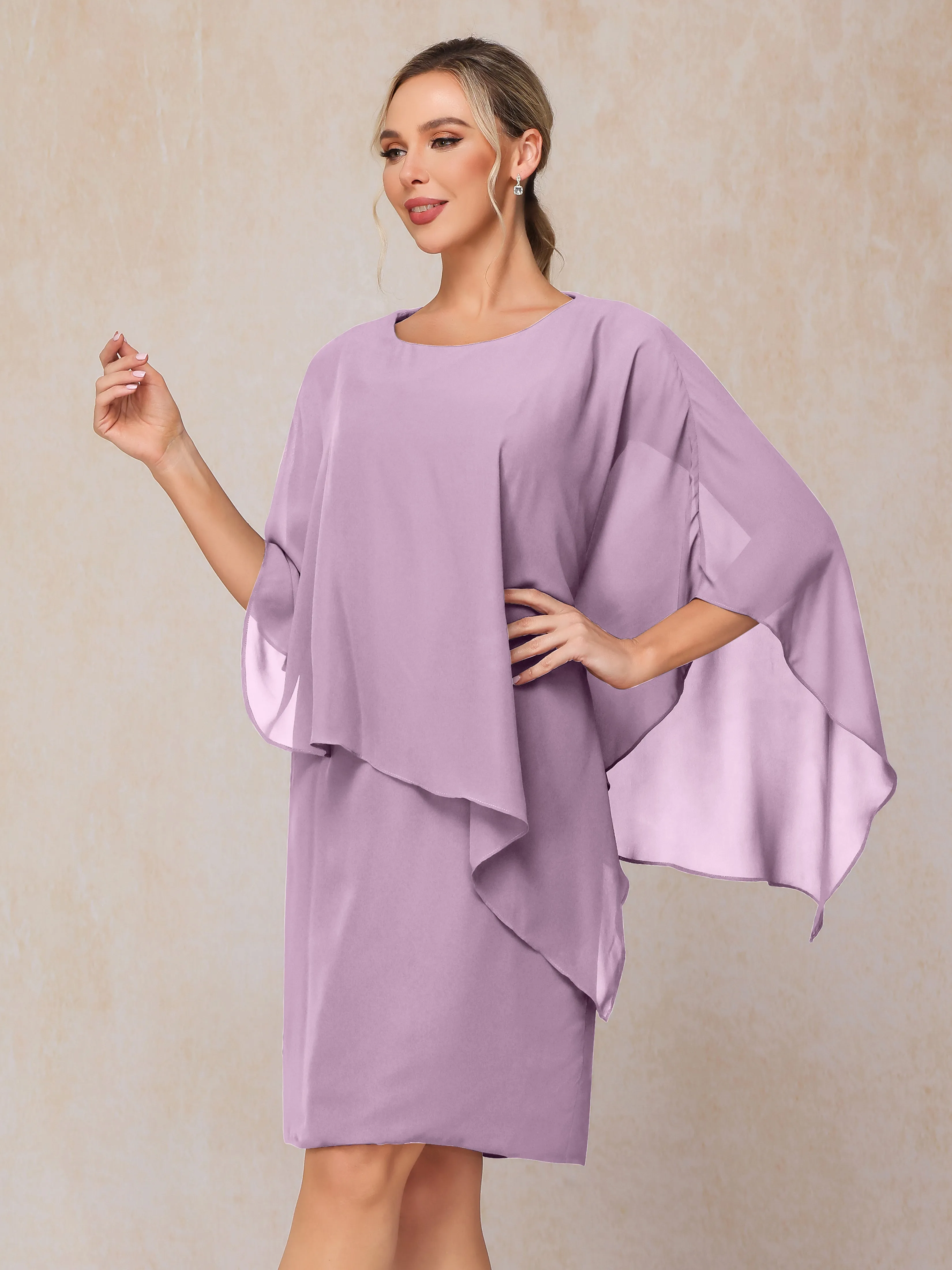 Manches asymétriques Col bateau Mousseline Robe Mère de la Mariée avec cape