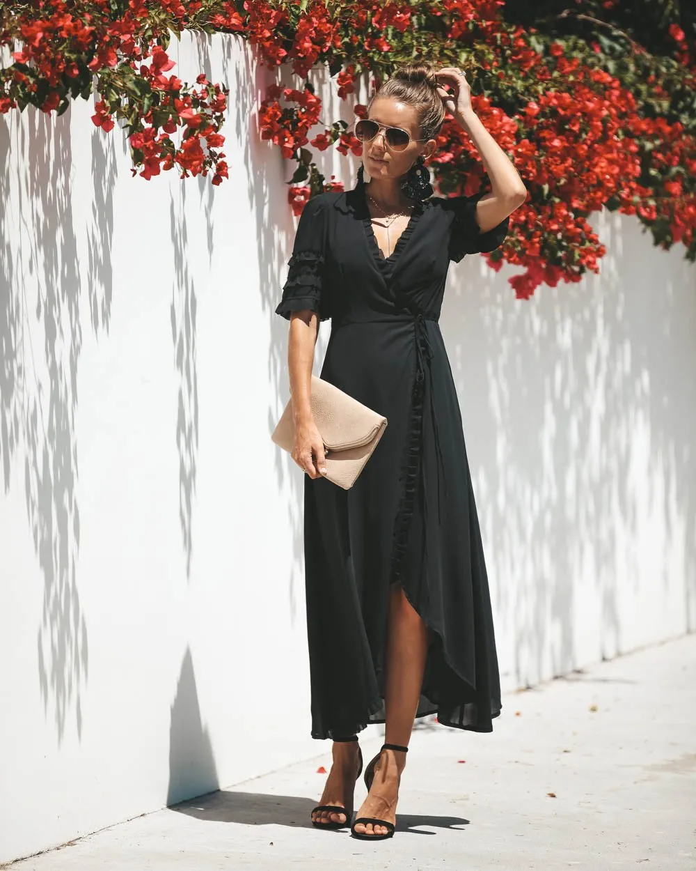 Maxi Robe à Col en V et Demi-manches Noire