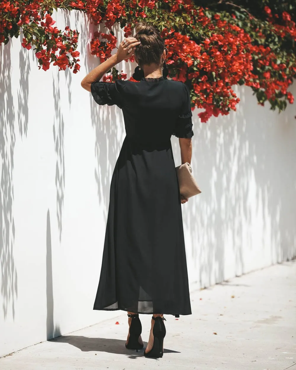 Maxi Robe à Col en V et Demi-manches Noire