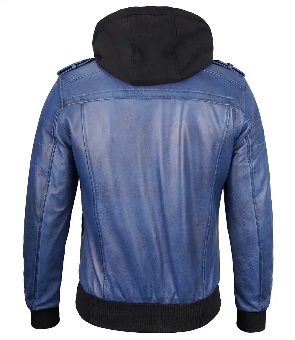 Men's Blue Waxed Leather Jacket with Removable Hood