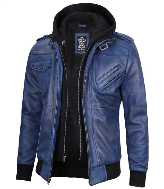 Men's Blue Waxed Leather Jacket with Removable Hood