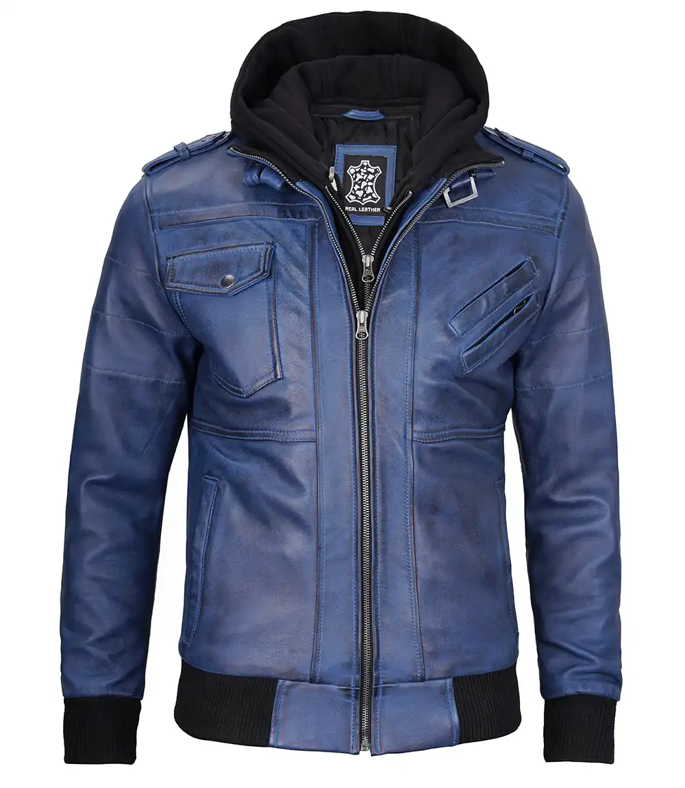 Men's Blue Waxed Leather Jacket with Removable Hood