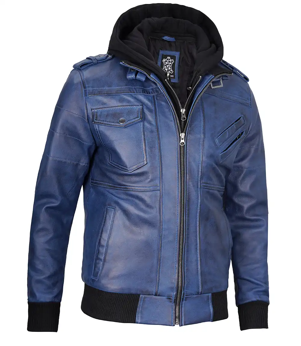 Men's Blue Waxed Leather Jacket with Removable Hood