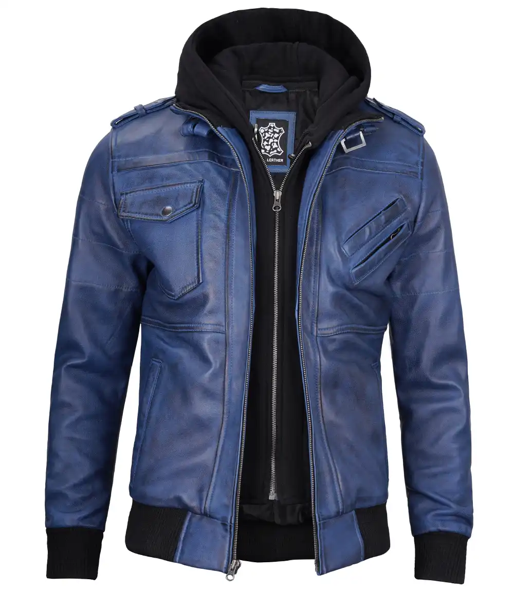 Men's Blue Waxed Leather Jacket with Removable Hood